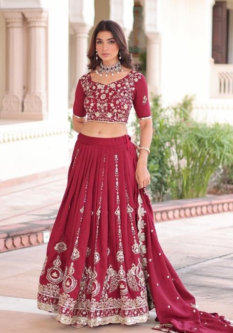Maroon Embroidered Silk Lehenga Set