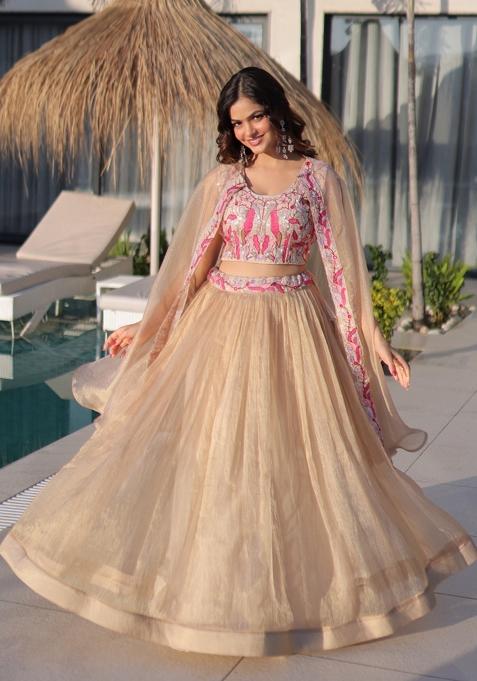 Cream Embroidered Silk Lehenga Set