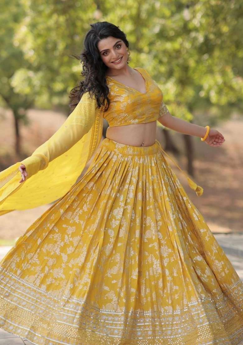 Yellow Viscose Lehenga Set with Embroidered for Diwali | Wedding & Festive Wear - Indya