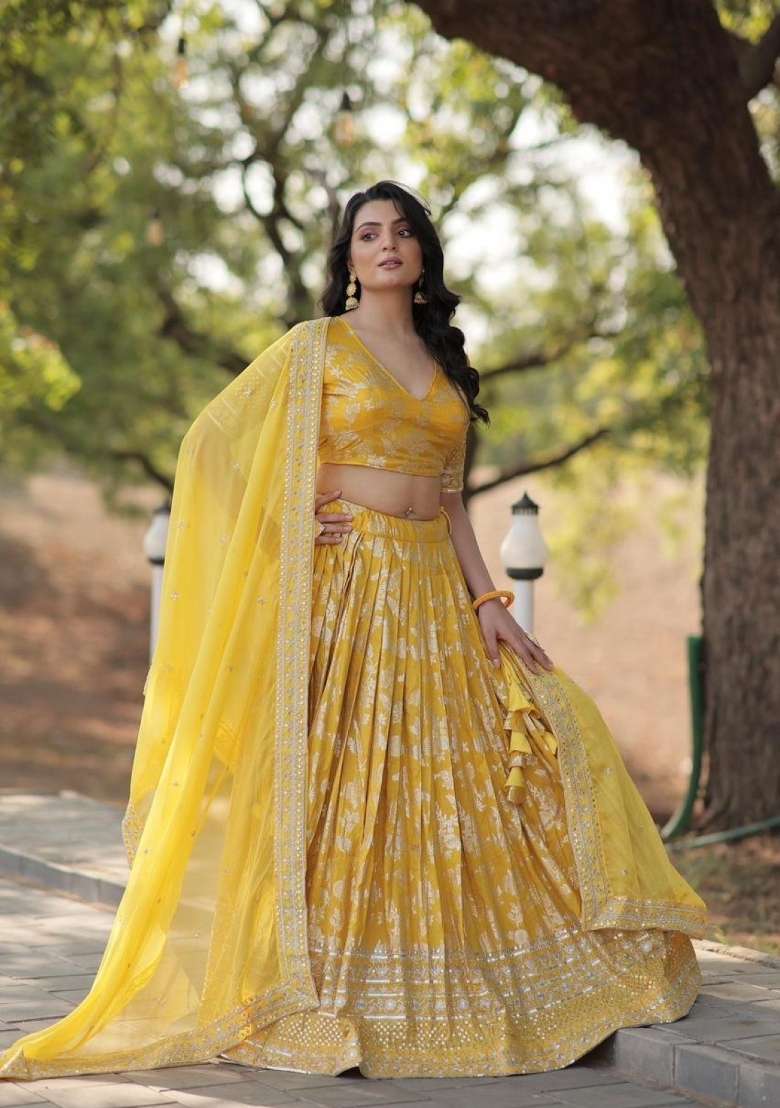 Yellow Viscose Lehenga Set with Embroidered for Diwali | Wedding & Festive Wear - Indya