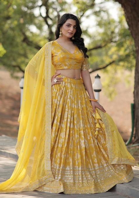 Yellow Embroidered Viscose Lehenga Set
