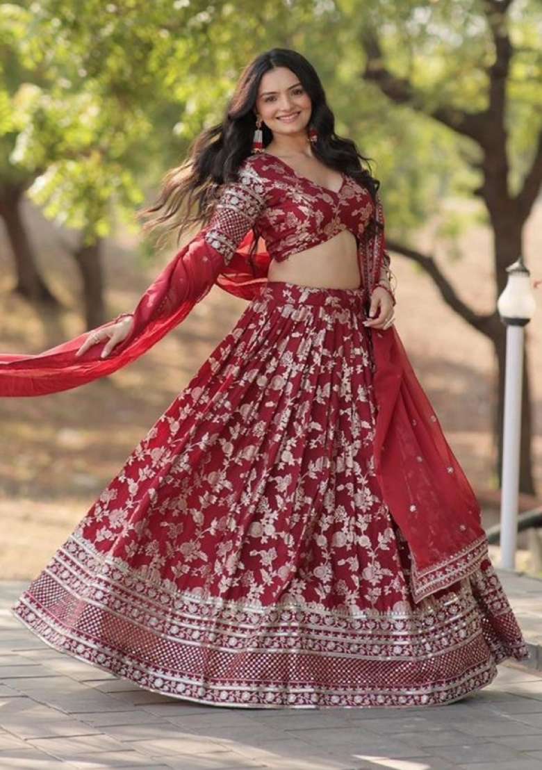 Maroon Viscose Lehenga Set with Embroidered for Diwali | Wedding & Festive Wear - Indya