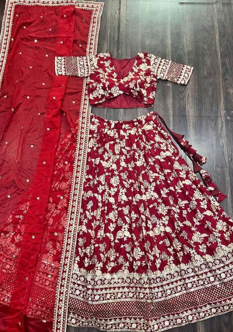 Maroon Viscose Lehenga Set with Embroidered for Diwali | Wedding & Festive Wear - Indya