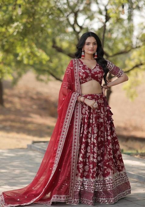 Maroon Embroidered Viscose Lehenga Set