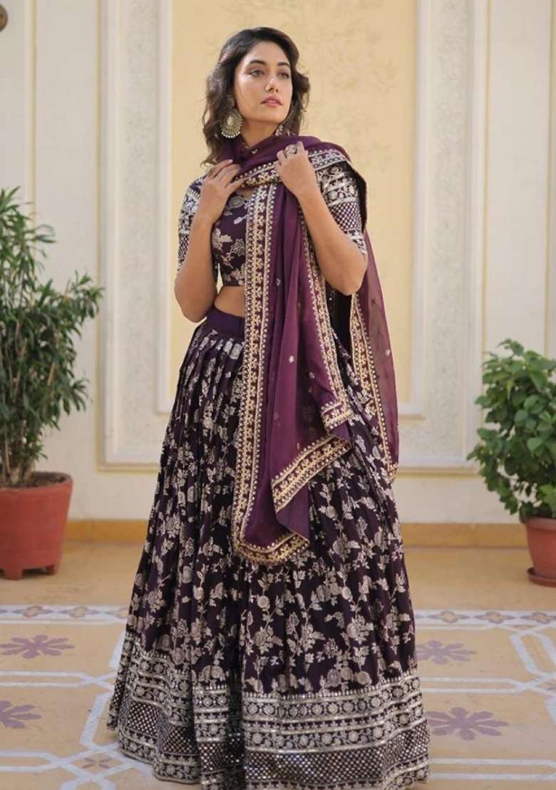 Purple Embroidered Viscose Lehenga Set for Diwali and Festive Wear - Indya
