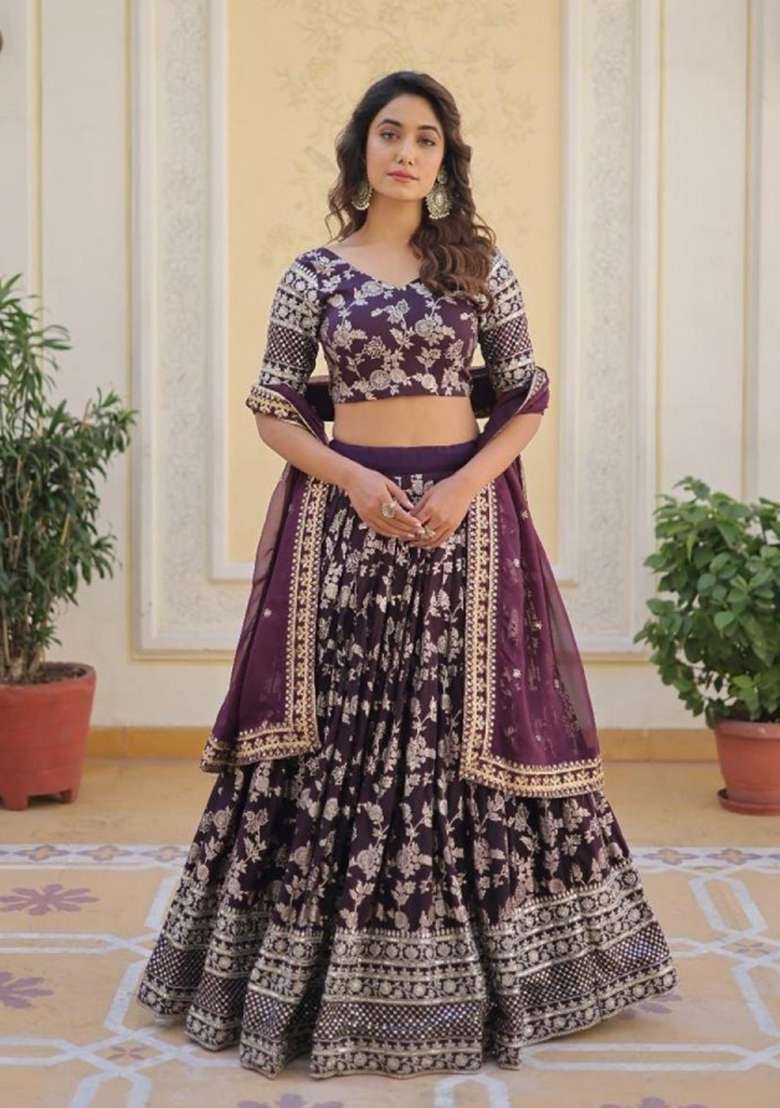 Purple Embroidered Viscose Lehenga Set for Diwali and Festive Wear - Indya