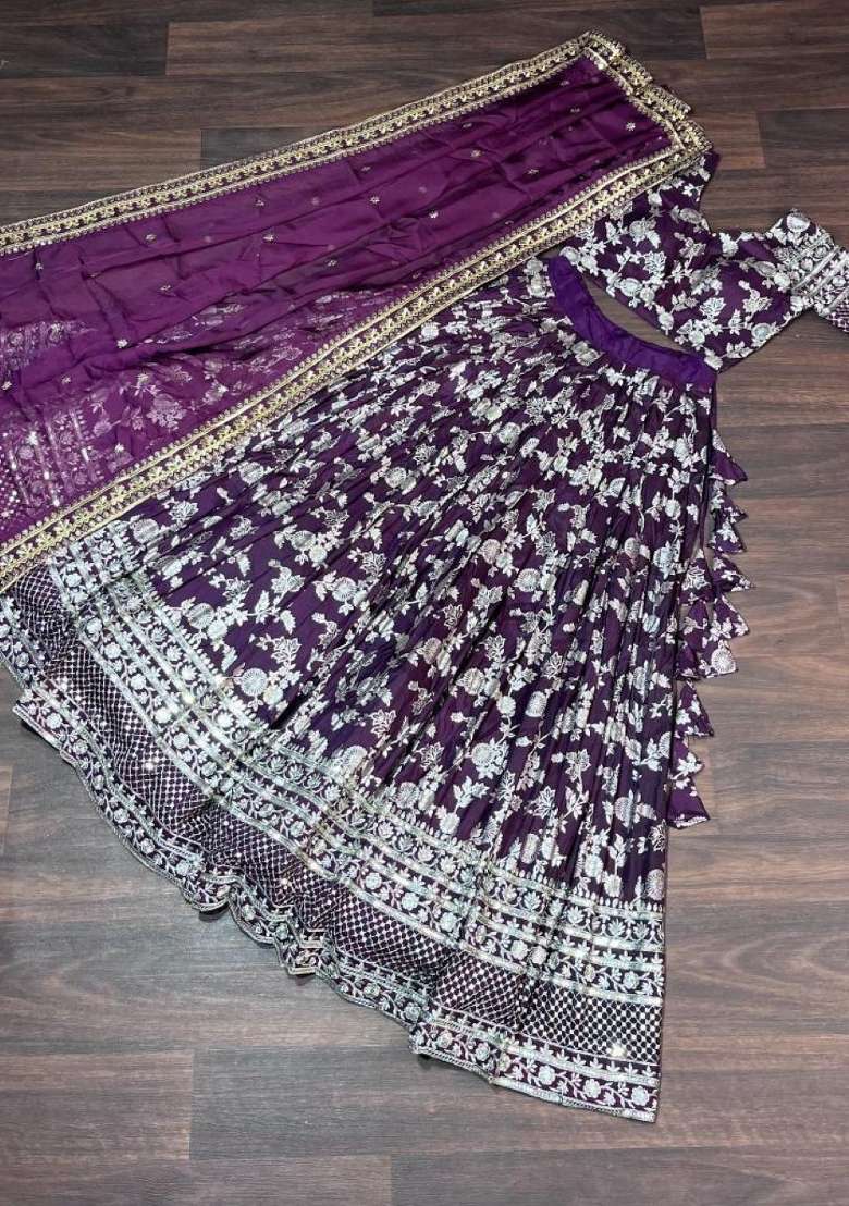 Purple Embroidered Viscose Lehenga Set for Diwali and Festive Wear - Indya