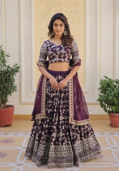 Purple Embroidered Viscose Lehenga Set