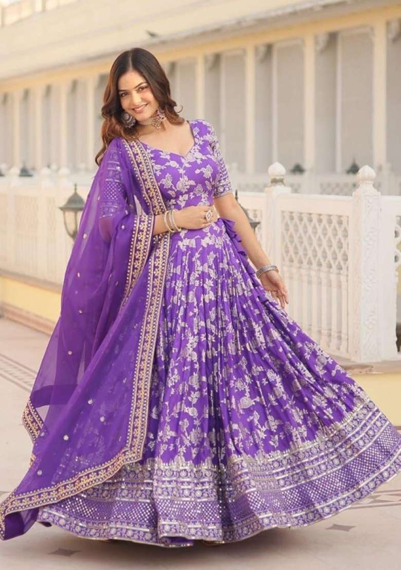 Violet Viscose Lehenga Set with Embroidered for Diwali | Wedding & Festive Wear - Indya