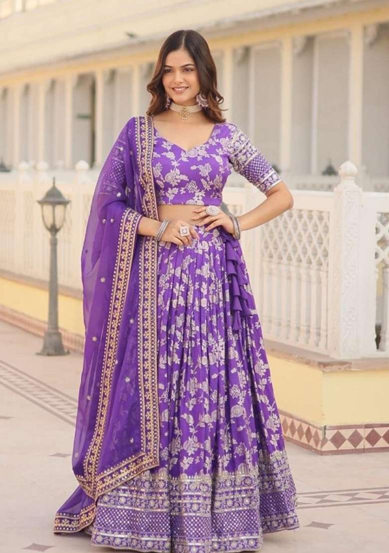 Violet Viscose Lehenga Set with Embroidered for Diwali | Wedding & Festive Wear - Indya