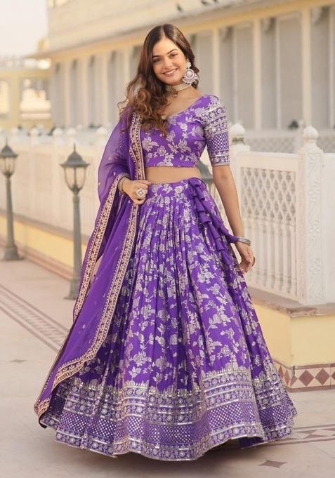 Violet Embroidered Viscose Lehenga Set