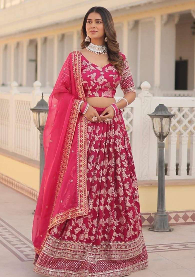 Rani Pink Embroidered Viscose Lehenga Set for Diwali and Festive Wear - Indya