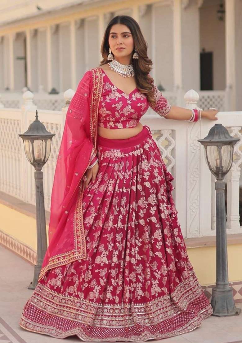 Rani Pink Embroidered Viscose Lehenga Set for Diwali and Festive Wear - Indya