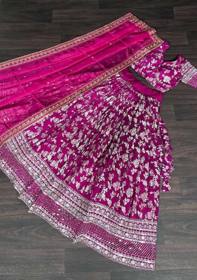 Rani Pink Embroidered Viscose Lehenga Set for Diwali and Festive Wear - Indya