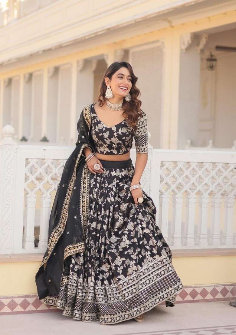 Black Embroidered Viscose Lehenga Set for Diwali and Festive Wear - Indya