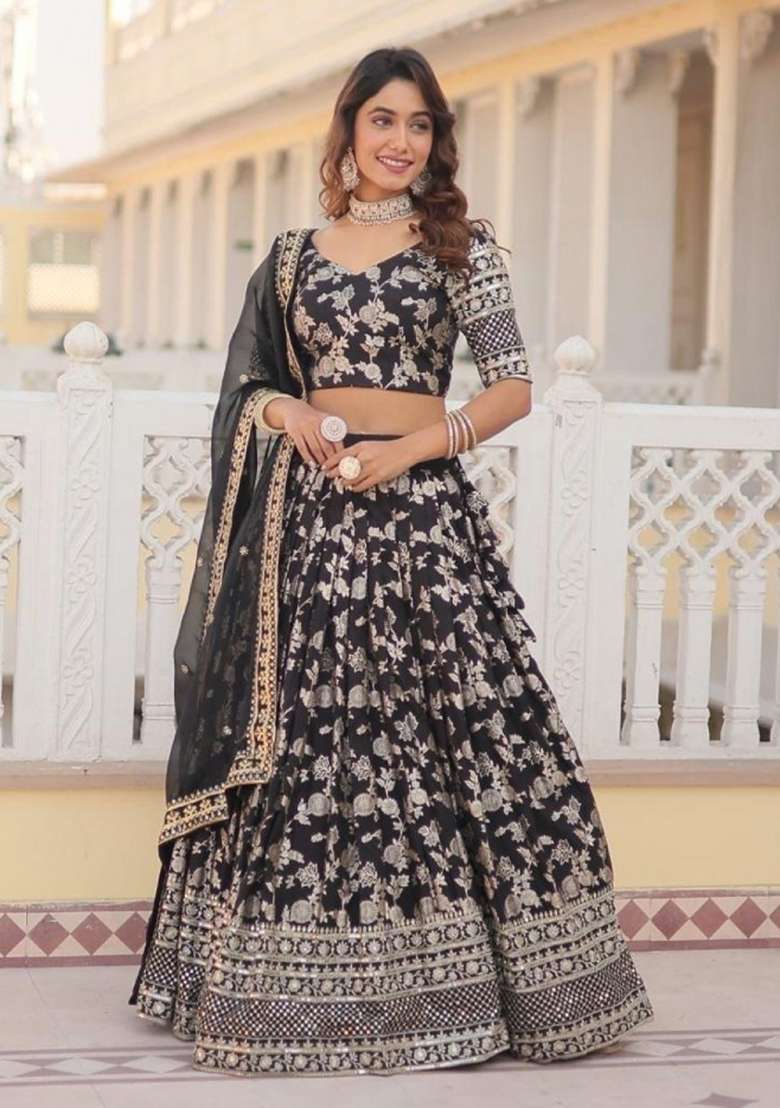 Black Embroidered Viscose Lehenga Set for Diwali and Festive Wear - Indya