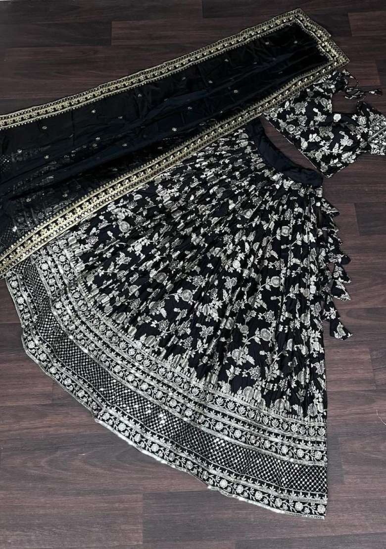 Black Embroidered Viscose Lehenga Set for Diwali and Festive Wear - Indya