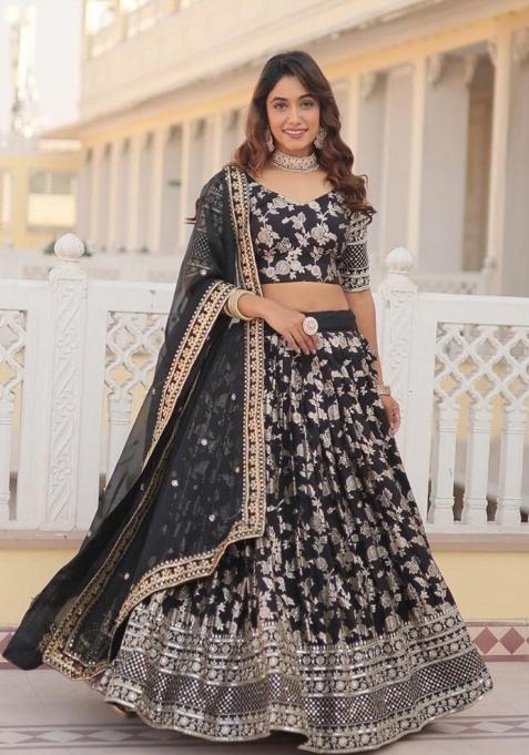 Black Embroidered Viscose Lehenga Set