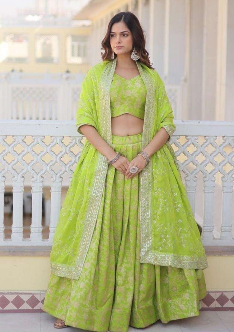 Parrot Green Embroidered Viscose Lehenga Set for Diwali and Festive Wear - Indya