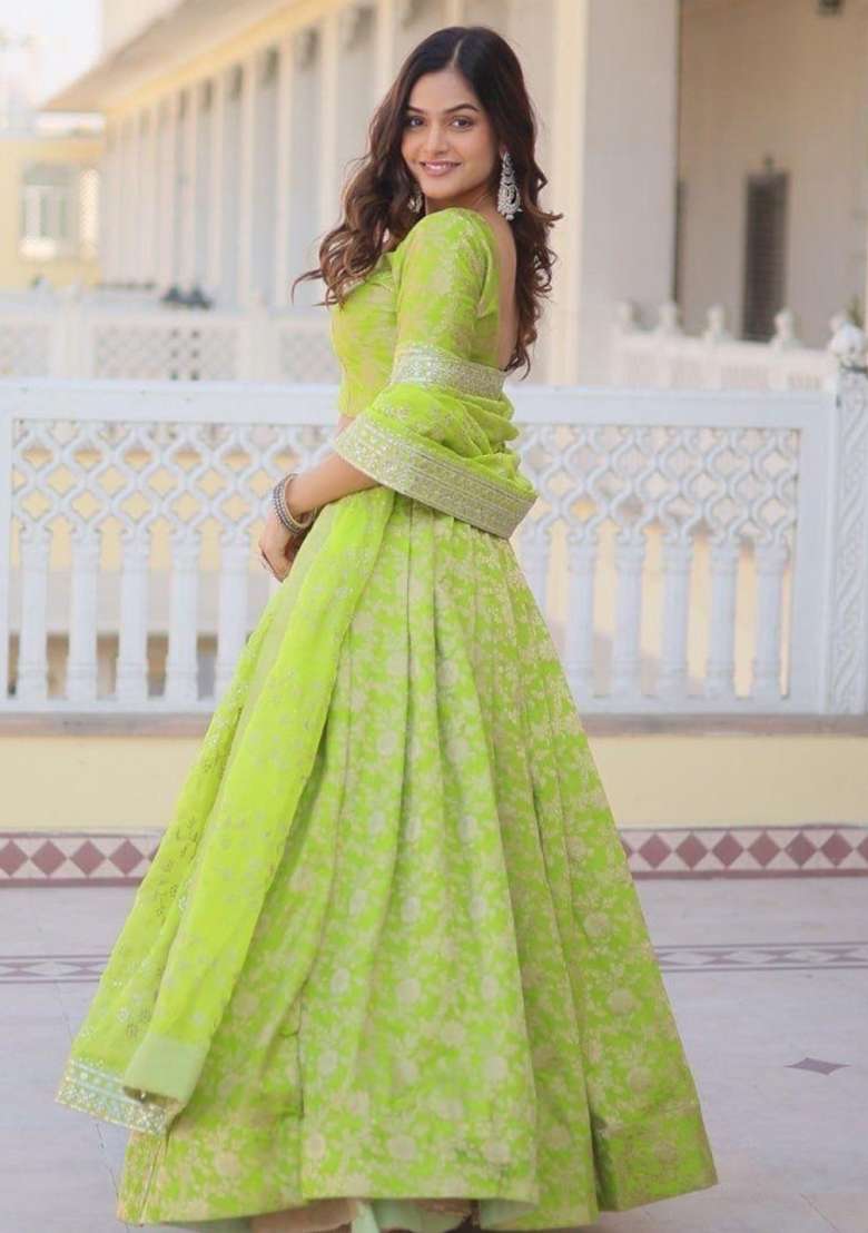 Parrot Green Embroidered Viscose Lehenga Set for Diwali and Festive Wear - Indya