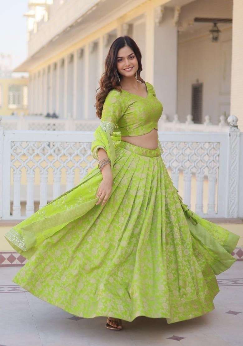 Parrot Green Embroidered Viscose Lehenga Set for Diwali and Festive Wear - Indya