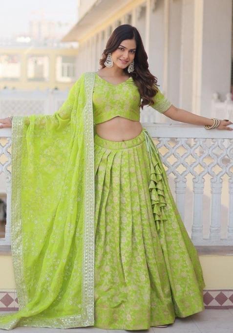Parrot Green Embroidered Viscose Lehenga Set