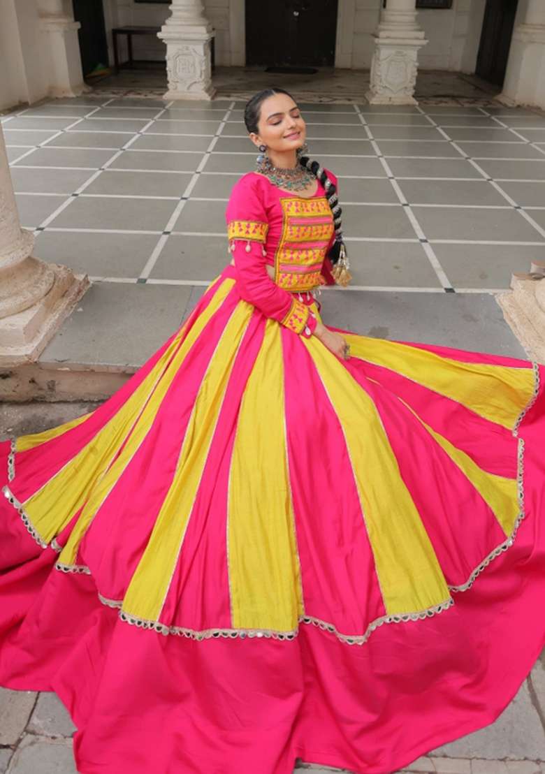 Pink Mirror Work Silk Lehenga Set - Indya