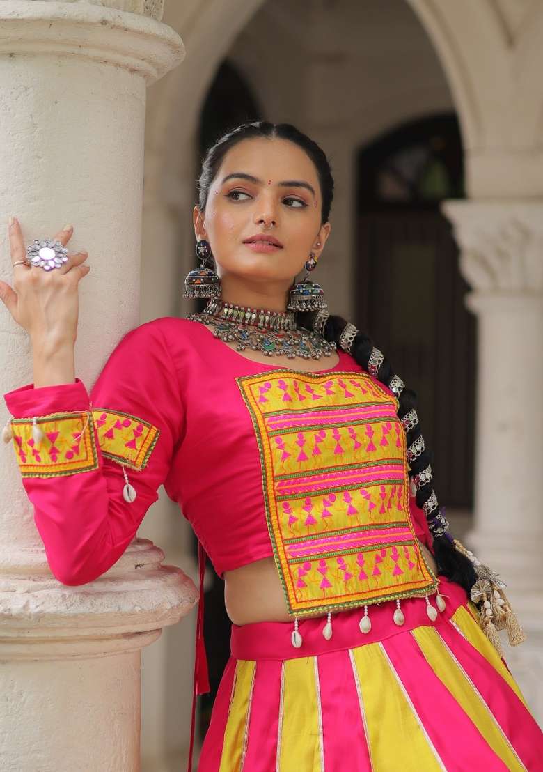 Pink Mirror Work Silk Lehenga Set - Indya