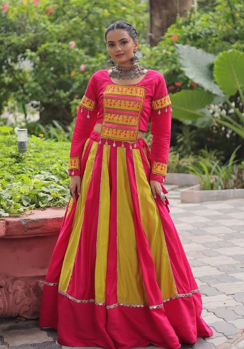 Pink Mirror Work Silk Lehenga Set