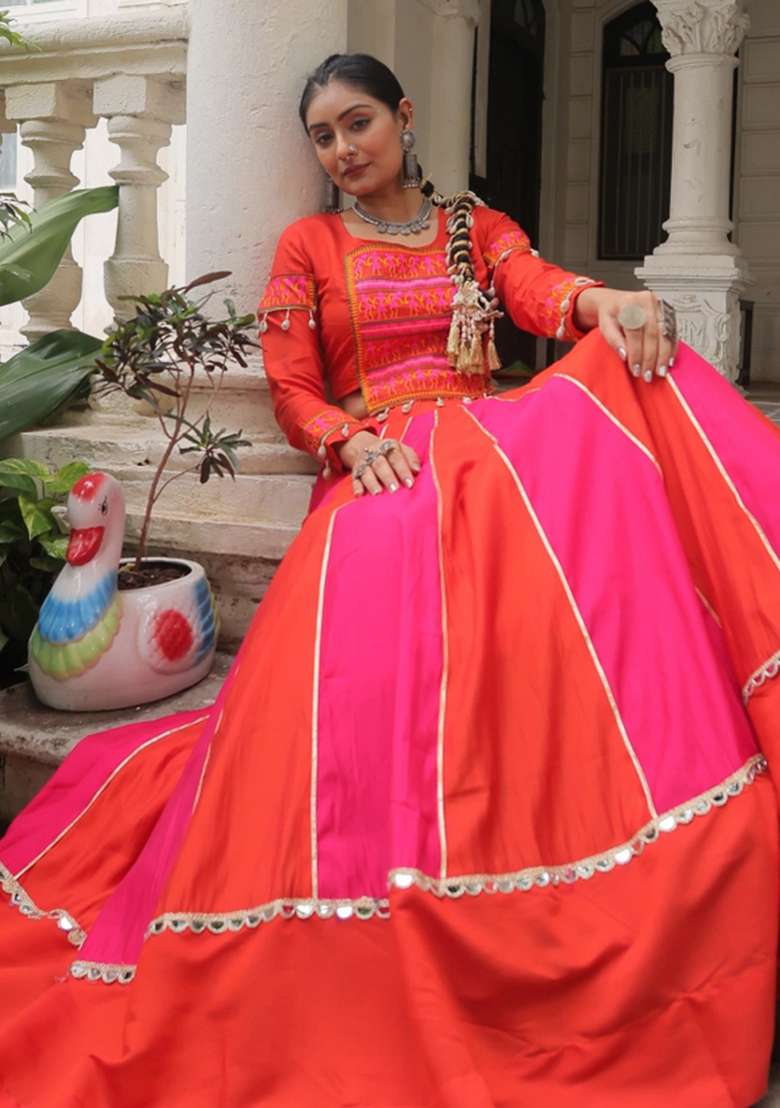 Pink Mirror Work Silk Lehenga Set - Indya