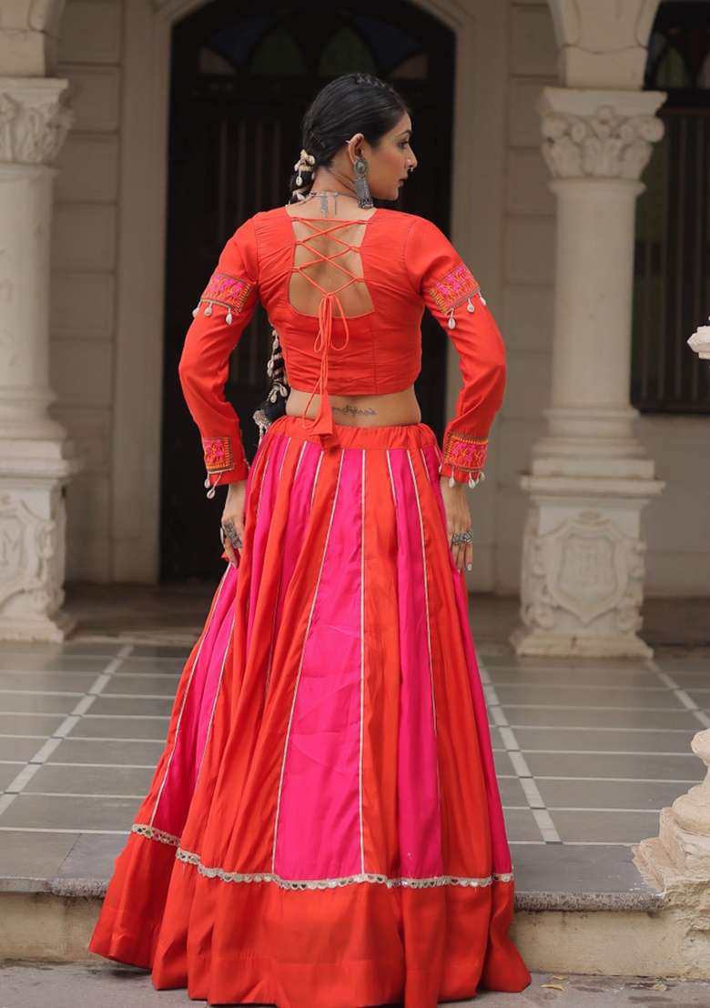 Pink Mirror Work Silk Lehenga Set - Indya