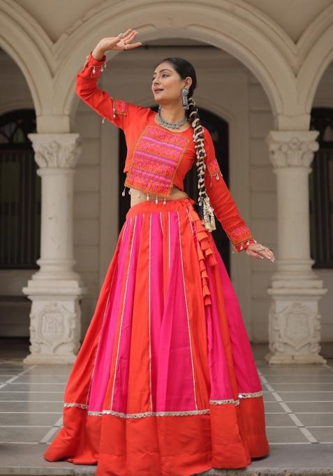 Pink Mirror Work Silk Lehenga Set