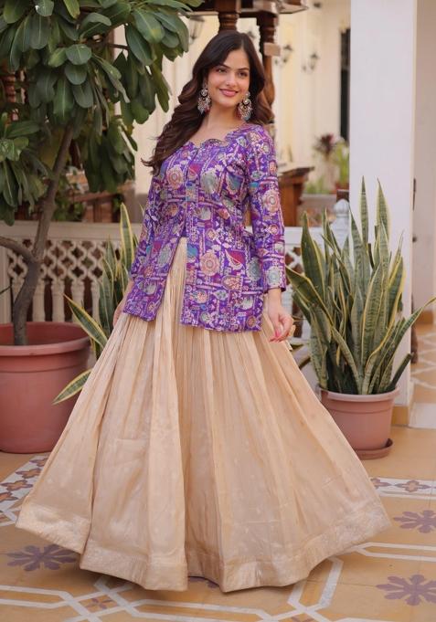 Off White Jacquard Silk Lehenga Set