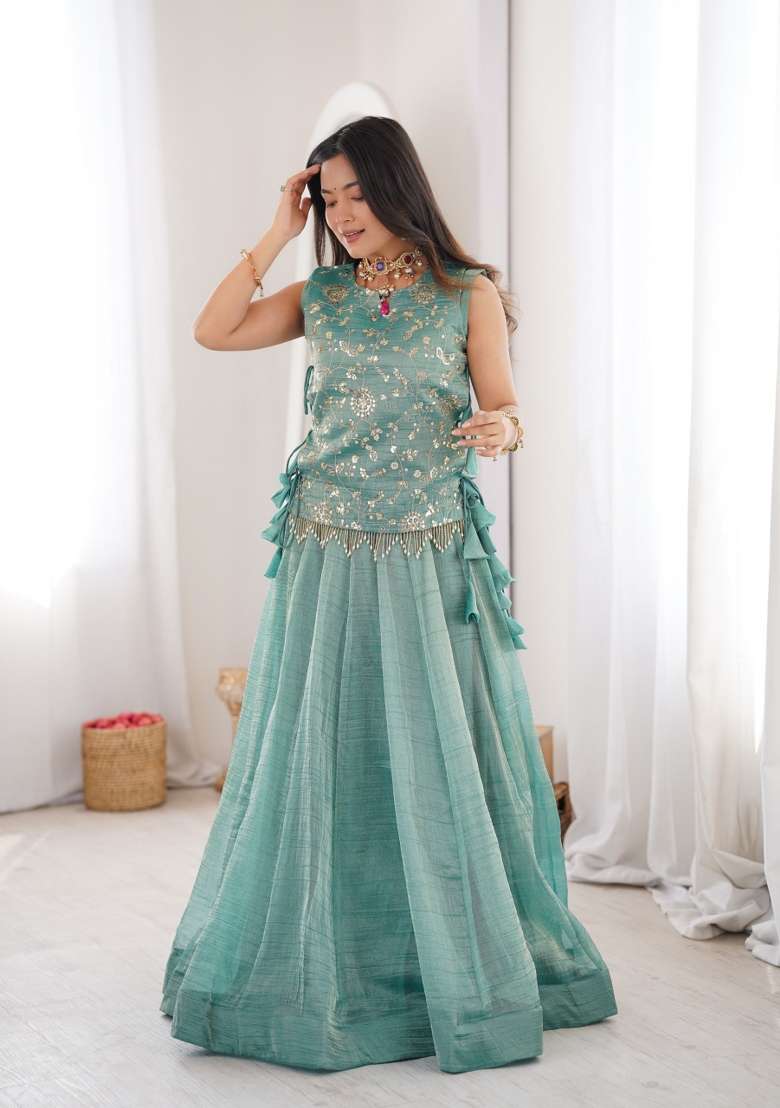 Blue Embroidered Silk Lehenga Set for Diwali and Festive Wear - Indya