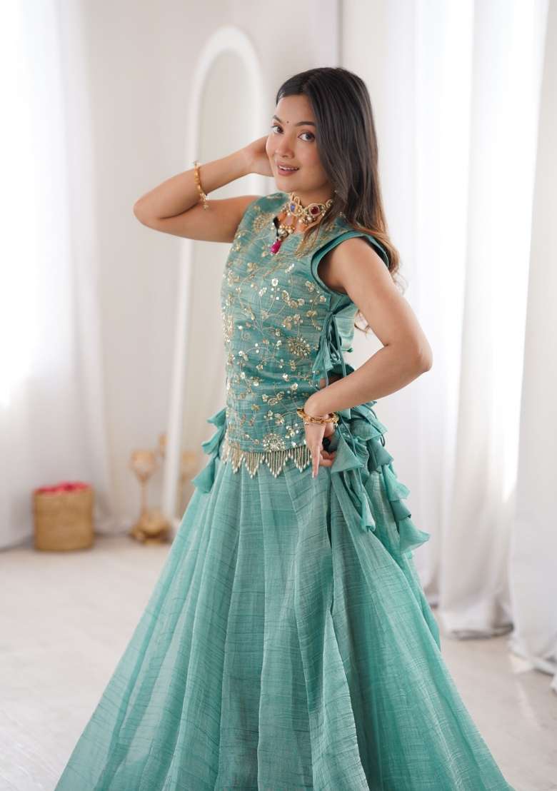 Blue Embroidered Silk Lehenga Set for Diwali and Festive Wear - Indya