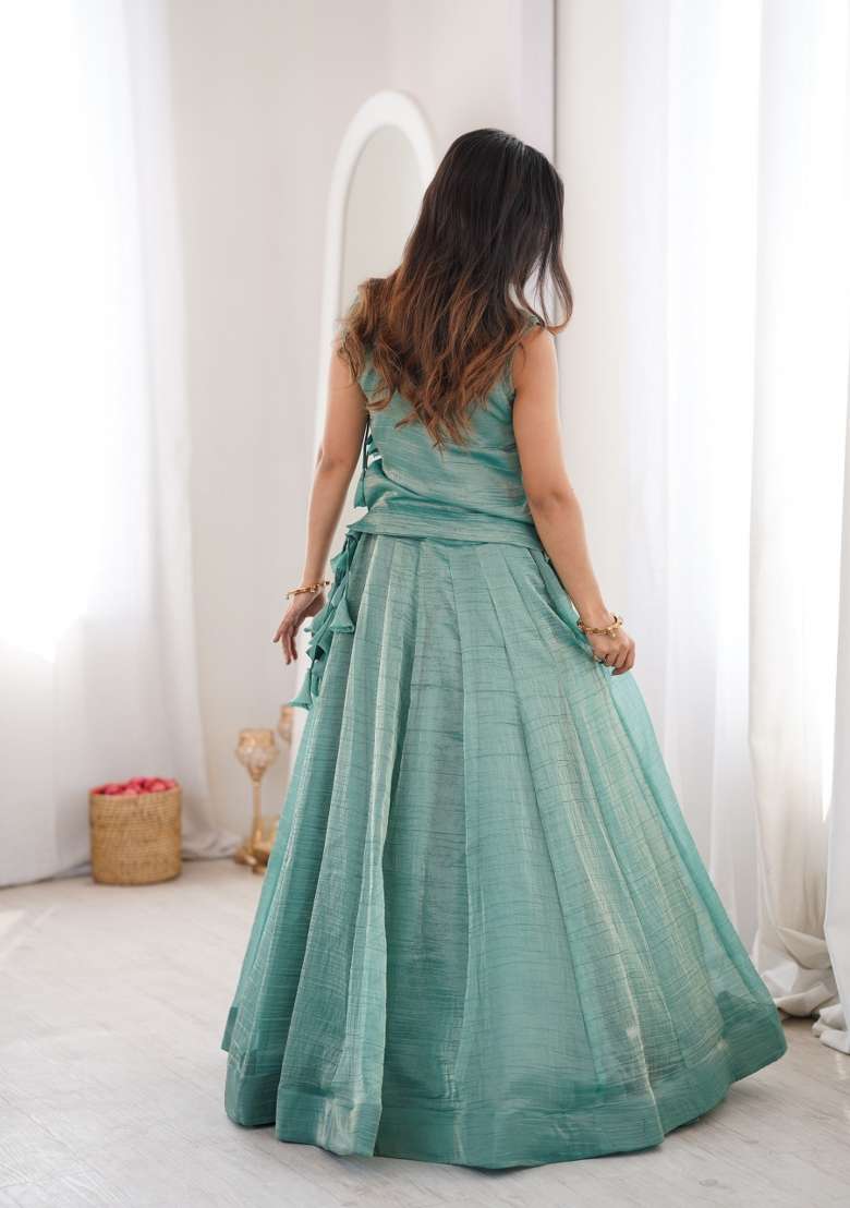 Blue Embroidered Silk Lehenga Set for Diwali and Festive Wear - Indya