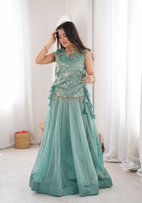 Blue Embroidered Silk Lehenga Set