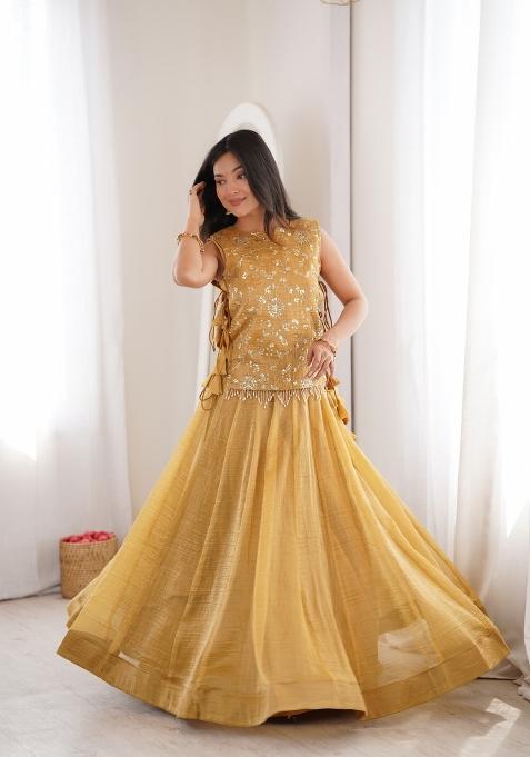 Mustard Embroidered Silk Lehenga Set