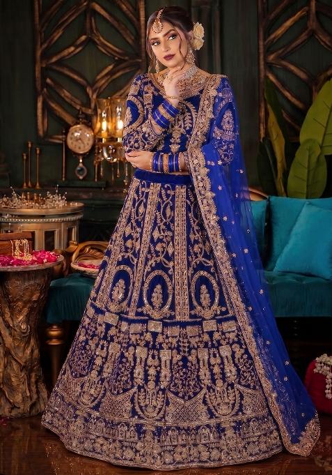 Blue Embroidered Velvet Lehenga Set