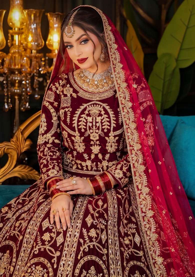 Maroon Embroidered Velvet Lehenga Set for Diwali and Festive Wear - Indya