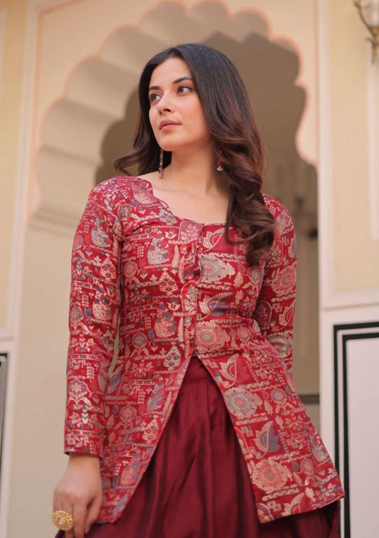 Maroon Jacquard Shimmer Lehenga Set for Diwali and Festive Wear - Indya