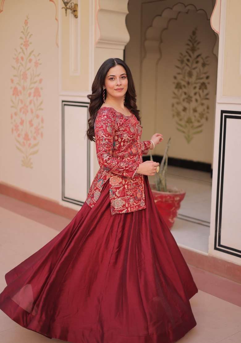 Maroon Jacquard Shimmer Lehenga Set for Diwali and Festive Wear - Indya