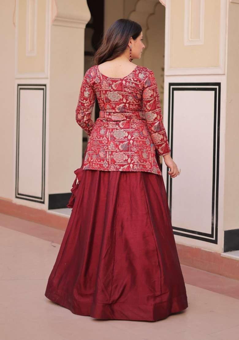 Maroon Jacquard Shimmer Lehenga Set for Diwali and Festive Wear - Indya