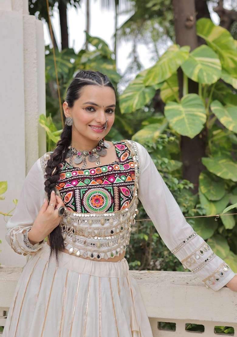 White Gota Border Silk Lehenga Set - Indya