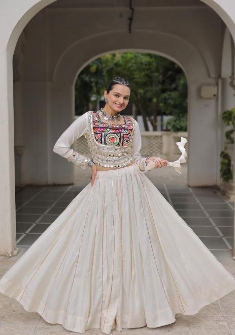 White Gota Border Silk Lehenga Set