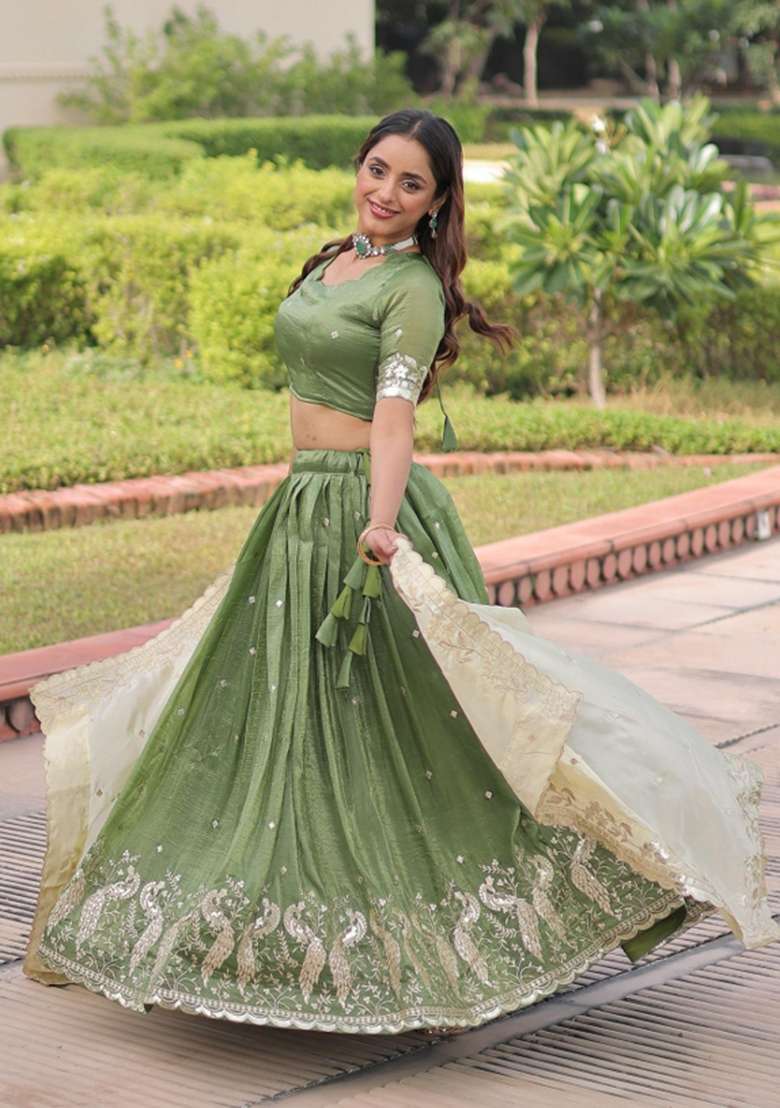 Green Embroidered Silk Lehenga Set for Diwali and Festive Wear - Indya