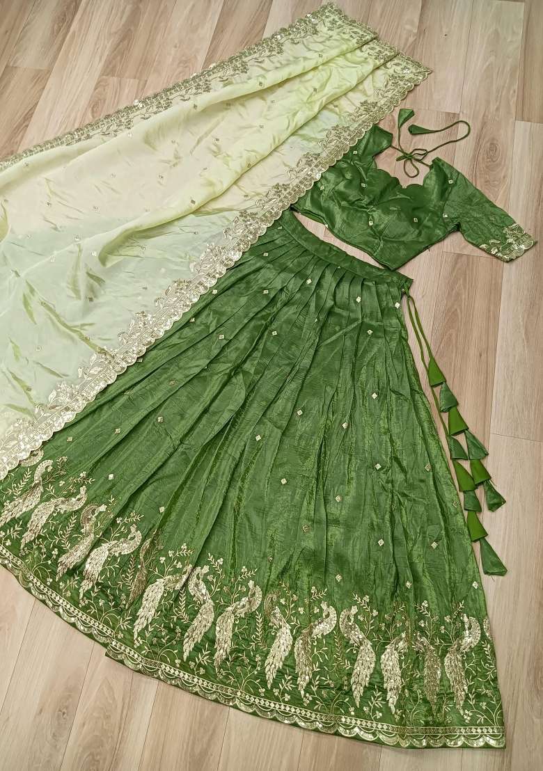 Green Embroidered Silk Lehenga Set for Diwali and Festive Wear - Indya