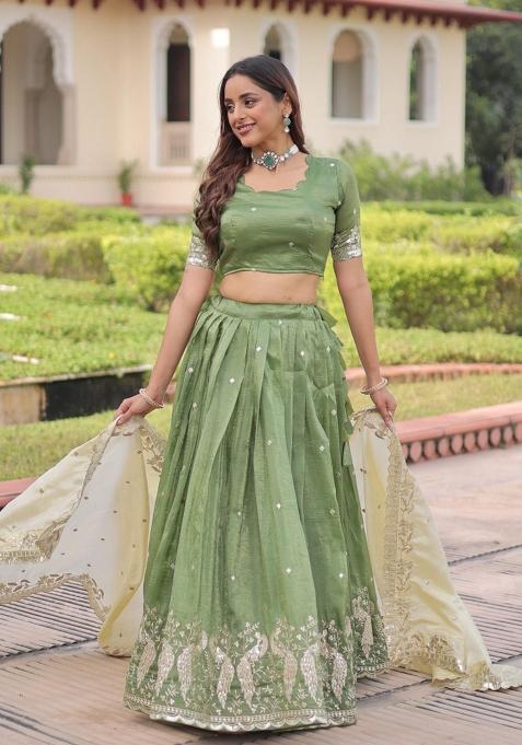 Green Embroidered Silk Lehenga Set