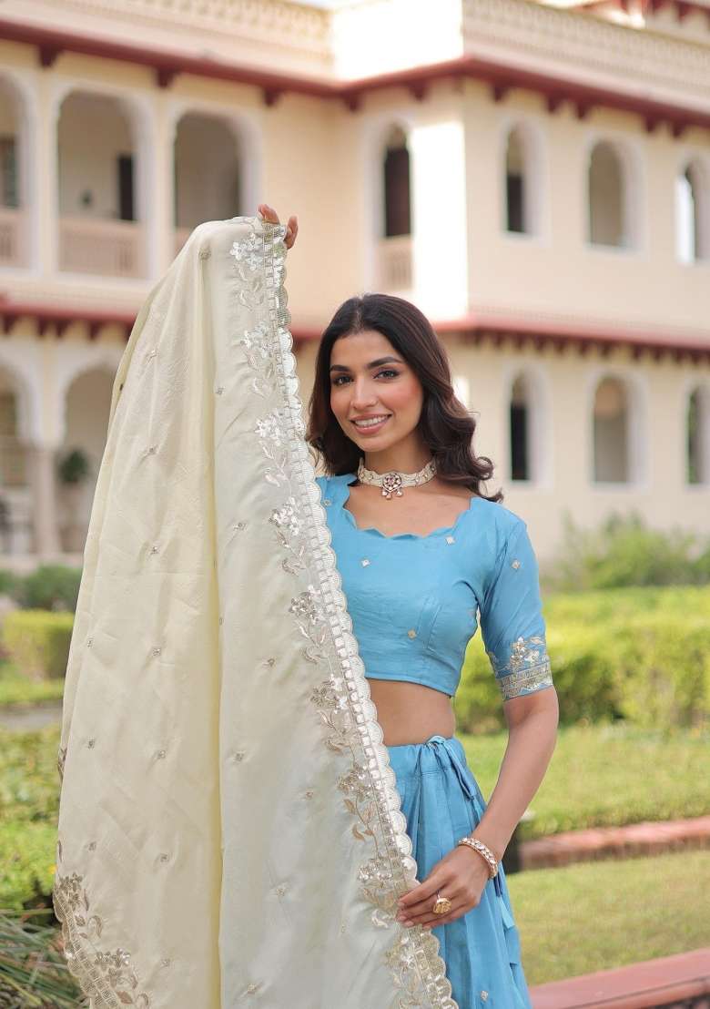Blue Silk Lehenga Set with Embroidered for Diwali | Wedding & Festive Wear - Indya