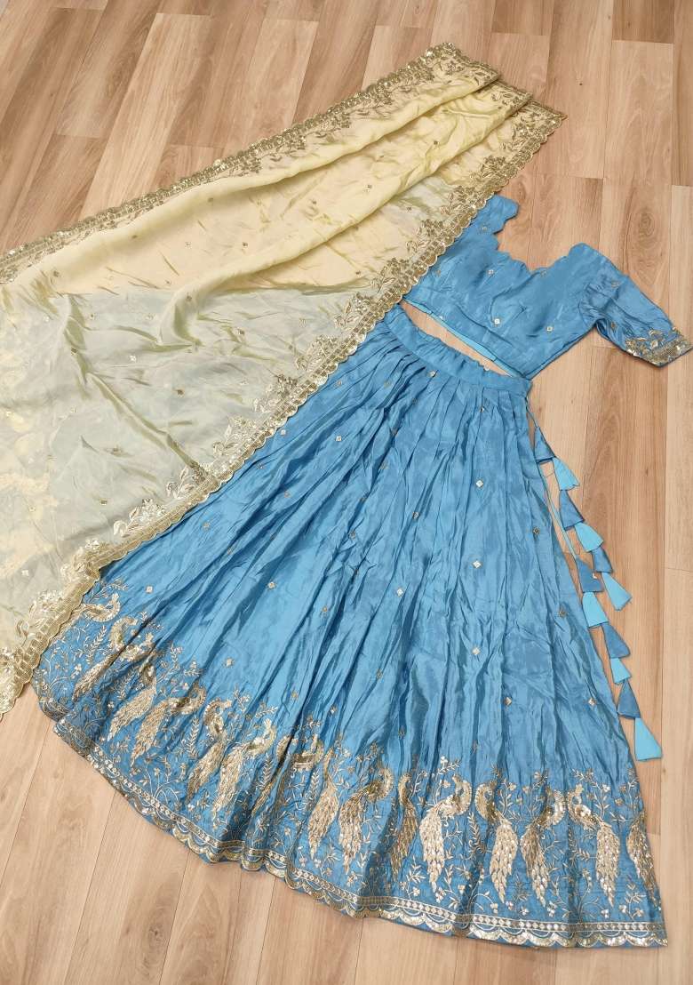 Blue Silk Lehenga Set with Embroidered for Diwali | Wedding & Festive Wear - Indya